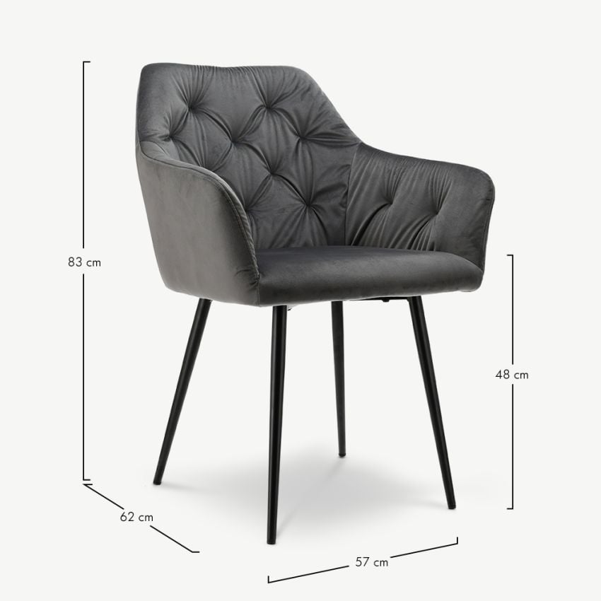 Vinny Quilted Dining Armchair, Grey Velvet