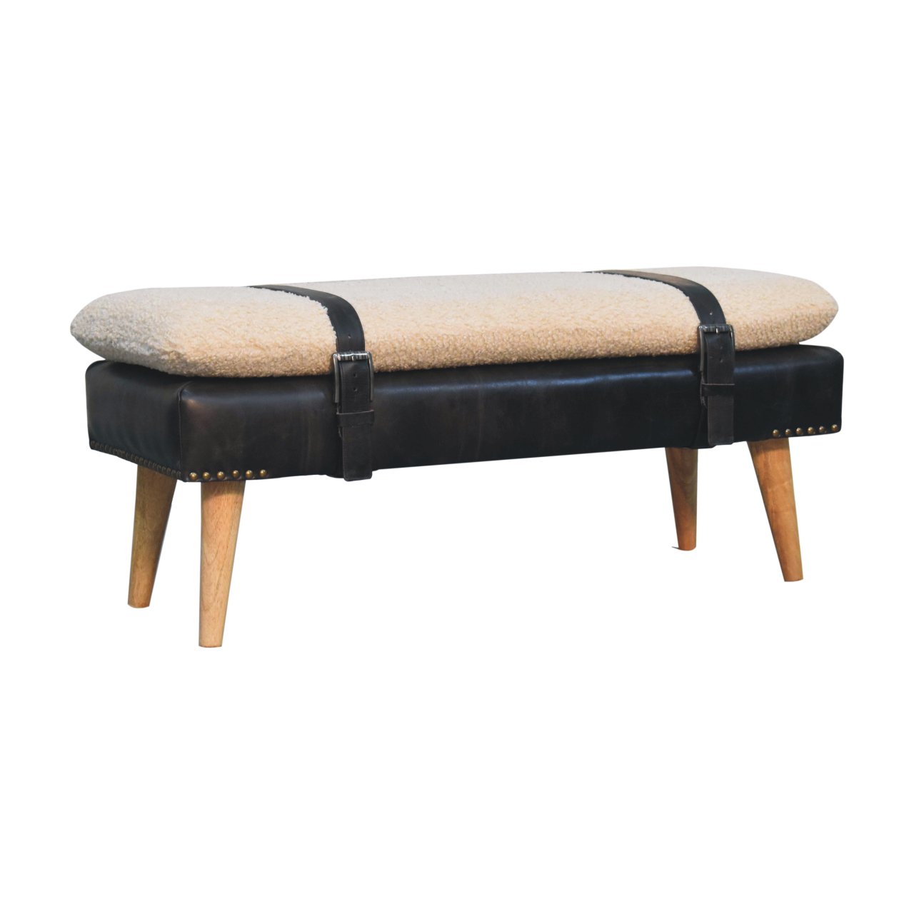 Bouclé Buffalo Hide Black Leather Bench