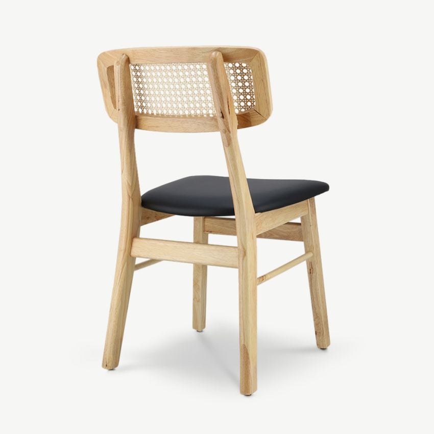 Jenson Wooden Dining Chair, Rattan & Black PU Leather