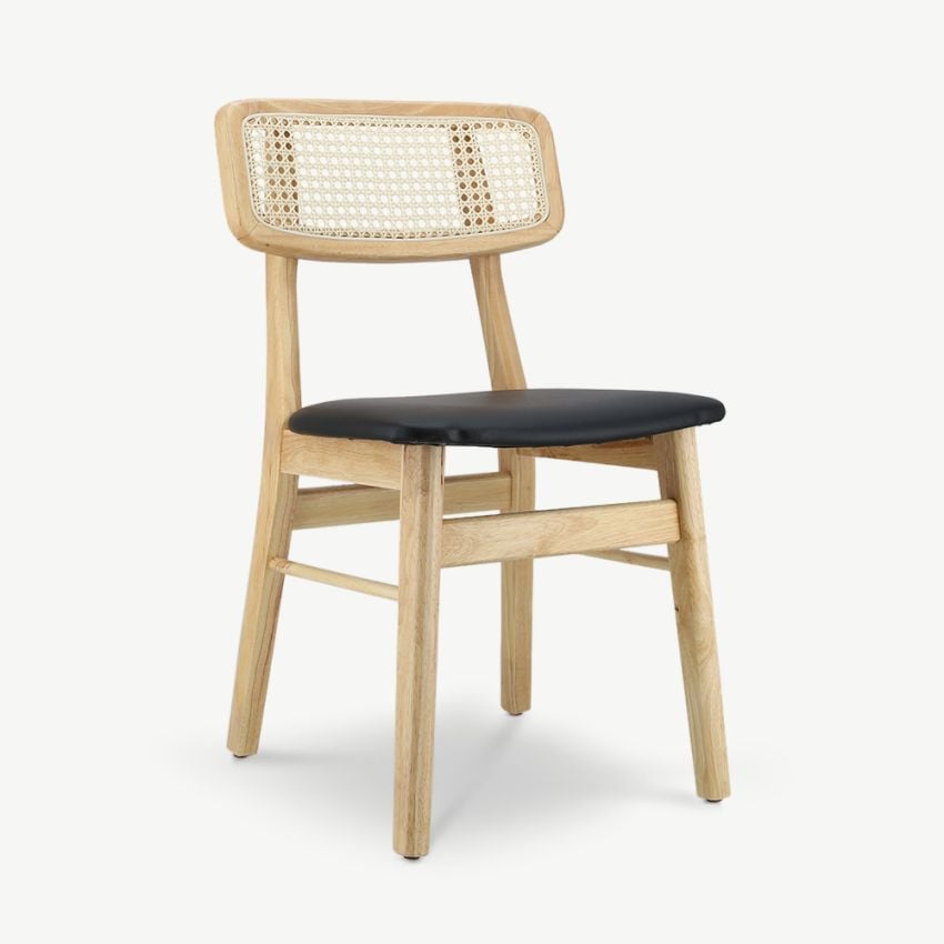Jenson Wooden Dining Chair, Rattan & Black PU Leather