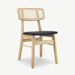 Jenson Wooden Dining Chair, Rattan & Black PU Leather
