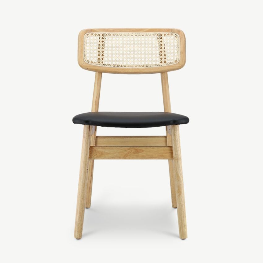 Jenson Wooden Dining Chair, Rattan & Black PU Leather