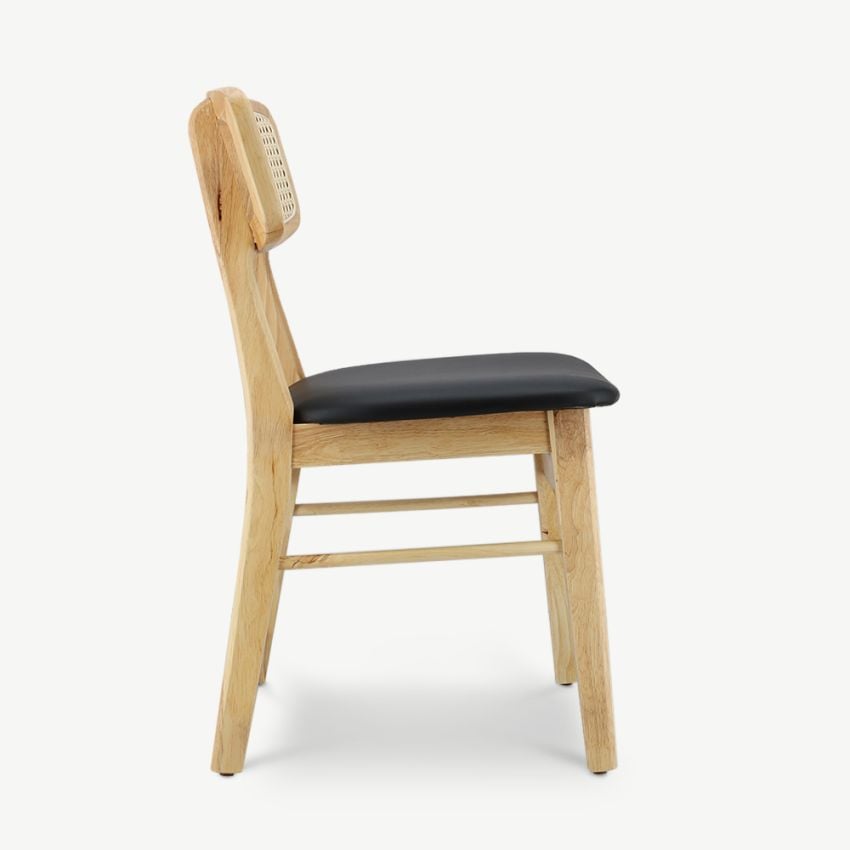 Jenson Wooden Dining Chair, Rattan & Black PU Leather