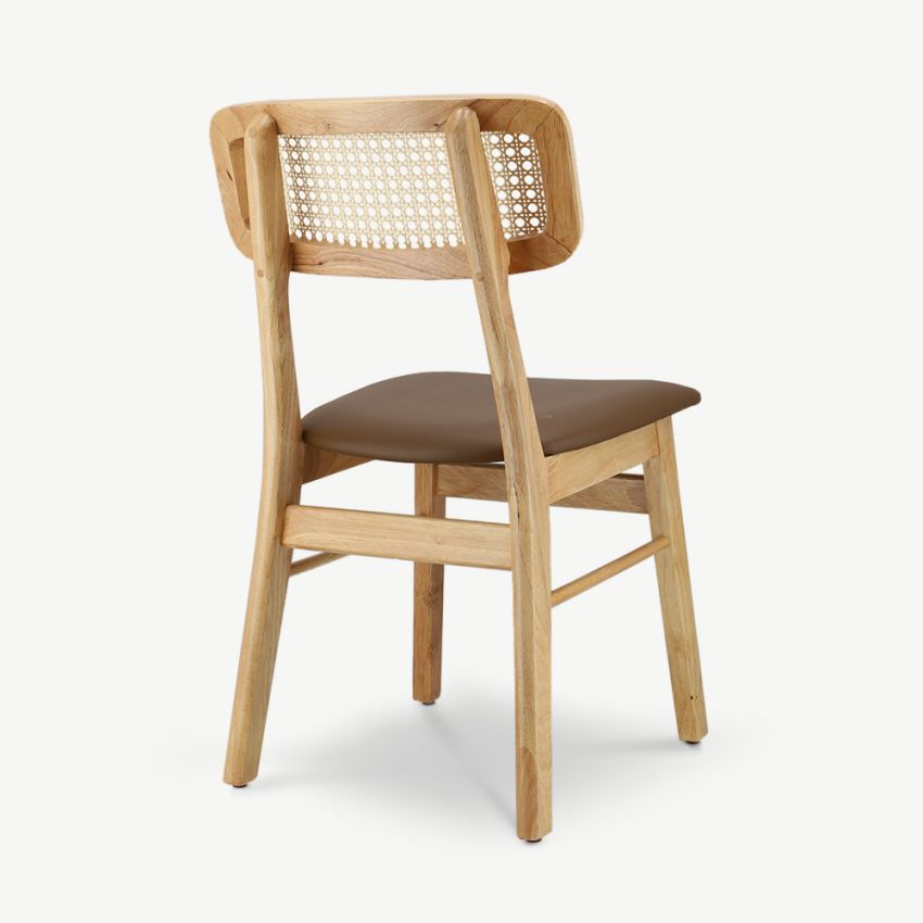 Jenson Wooden Dining Chair, Rattan & Brown PU Leather
