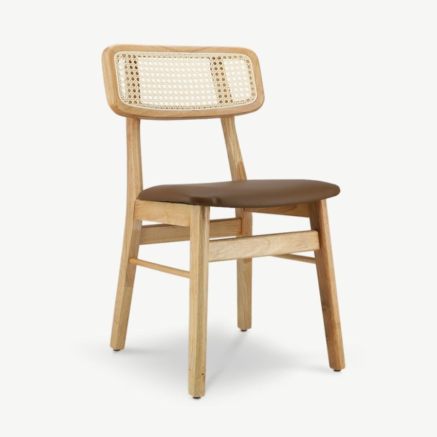 Jenson Wooden Dining Chair, Rattan & Brown PU Leather