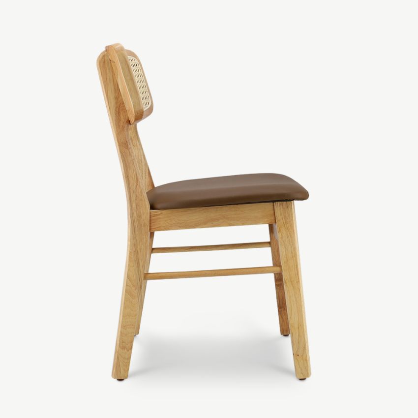 Jenson Wooden Dining Chair, Rattan & Brown PU Leather