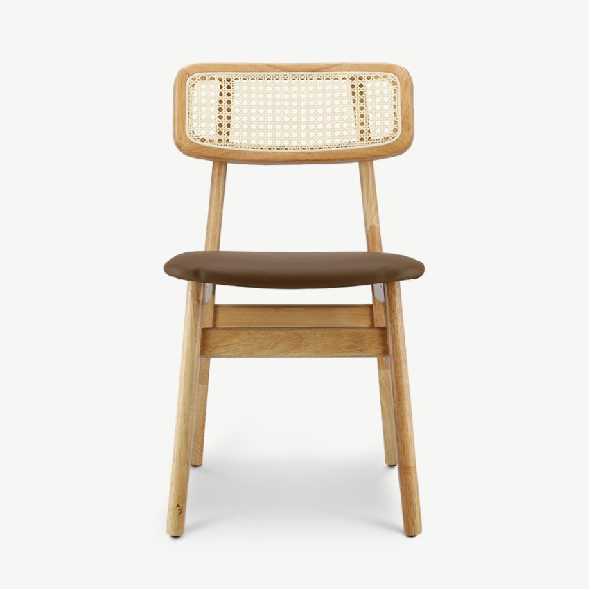 Jenson Wooden Dining Chair, Rattan & Brown PU Leather