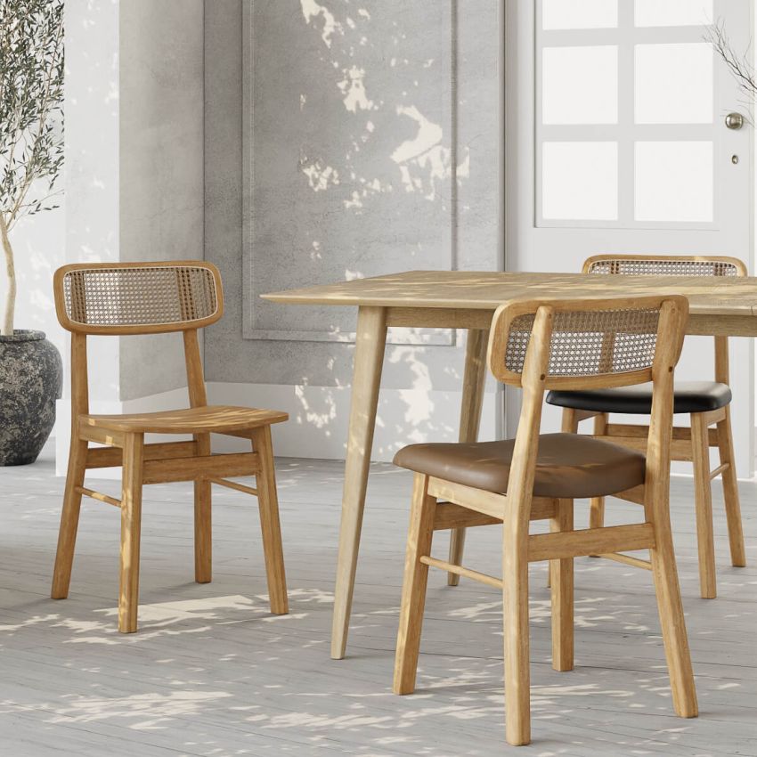 Jenson Wooden Dining Chair, Rattan & Brown PU Leather