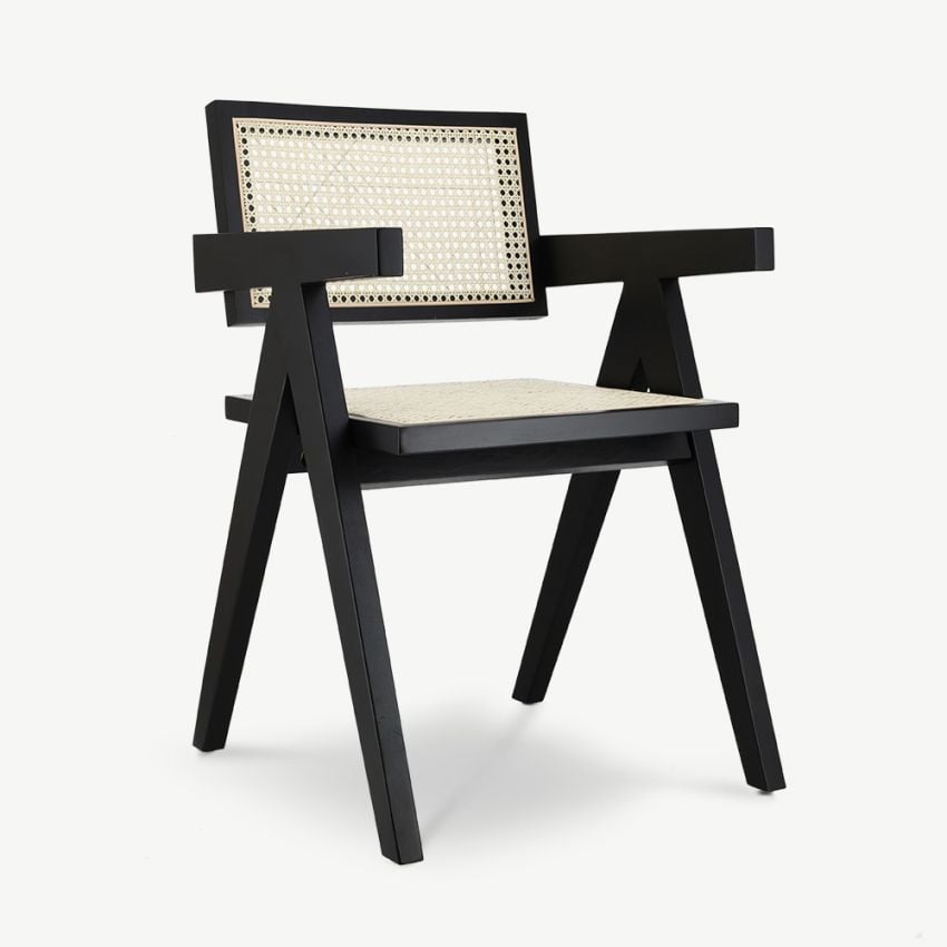 Peter Wooden Dining Chair, Black & Rattan