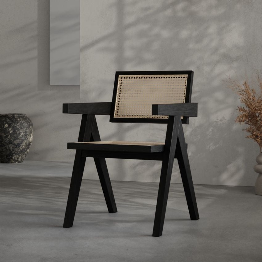 Peter Wooden Dining Chair, Black & Rattan