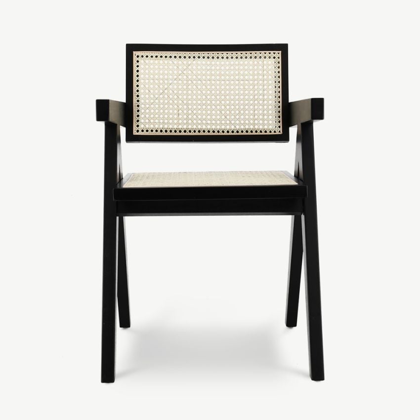 Peter Wooden Dining Chair, Black & Rattan
