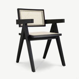 Peter Wooden Dining Chair, Black & Rattan