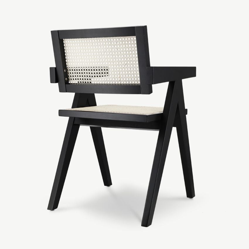 Peter Wooden Dining Chair, Black & Rattan