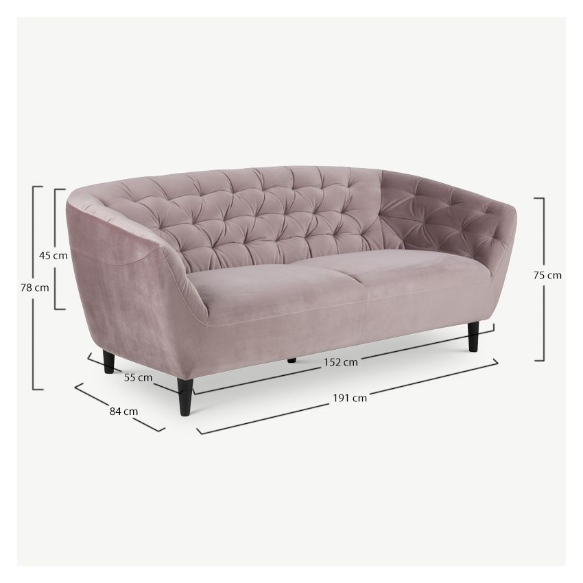 Aria 3 Seater Sofa, Dusty Pink Velvet