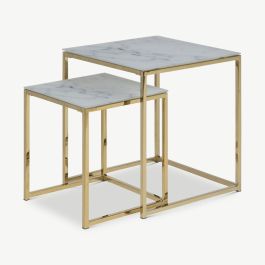 Ophelia Nesting Tables, White Marbled Glass & Brass, Set of 2