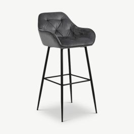 Brooke Bar Stool, Grey Velvet & Black Legs