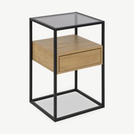 Luke Bedside Table, Grey Glass & Black frame