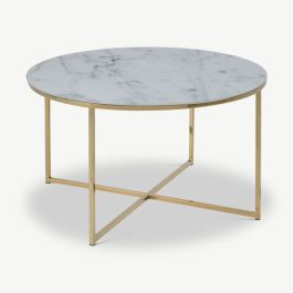 Ophelia Round Coffee Table, White Marbled Glass & Brass