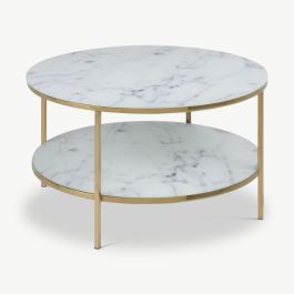 Ophelia Round Coffee Table, White Marbled Glass & Brass