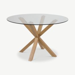 Talon Round Dining Table, Glass & Oak Finish - Ø119 cm